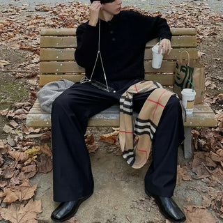 Wide-leg slacks with side pleats