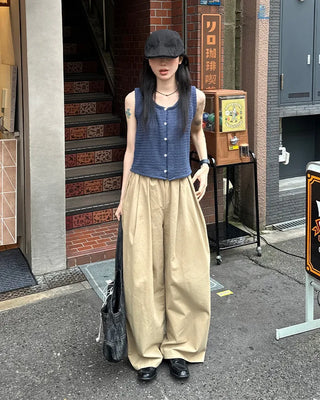 Cotton wide-leg long pants with elastic waistband