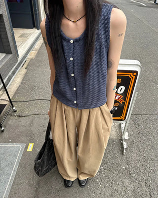 Cotton wide-leg long pants with elastic waistband