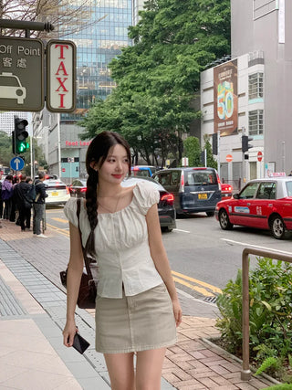 [3 colors] Linen puff blouse