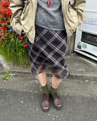 Checked scalloped hem chiffon skirt