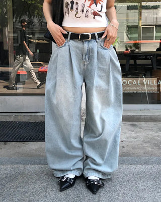 Double-pleated cotton wide-leg pants and belt set