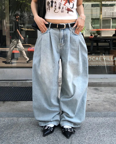 Double-pleated cotton wide-leg pants and belt set
