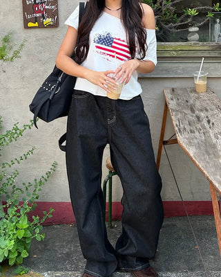 American Cut-Off Shoulder Neck Cropped T-Shirt