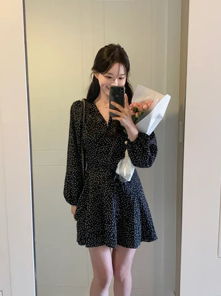 Shoulder padded polka dot wrap dress (2 colors)