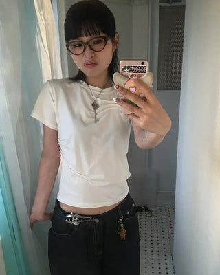 Unique pintuck semi-cropped French T-shirt
