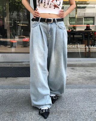 Double-pleated cotton wide-leg pants and belt set