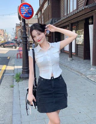 Pocket short-sleeved cropped shirt