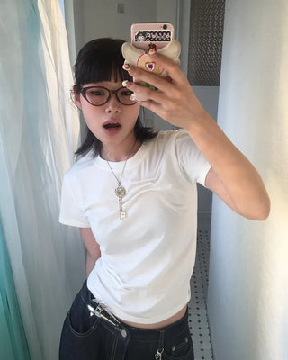 Unique pintuck semi-cropped French T-shirt