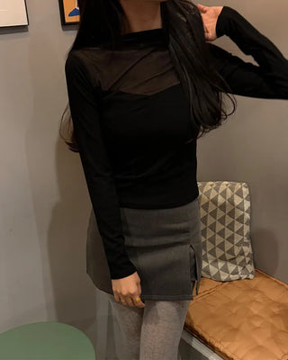 V-neck see-through bicolor T-shirt