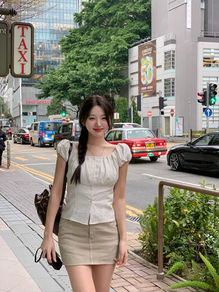 [3 colors] Linen puff blouse