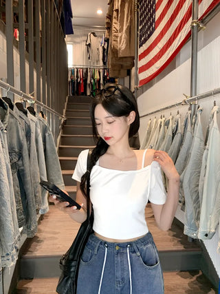 [2-way] Asymmetrical Shoulder Short-Sleeve T-Shirt (6 colors)