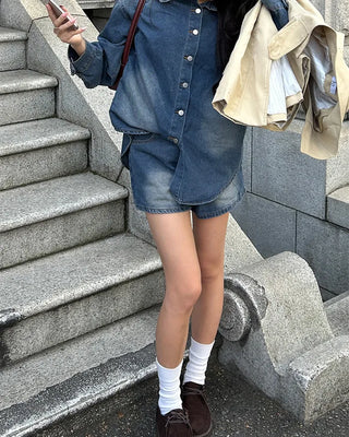 Loose denim shirt and shorts set