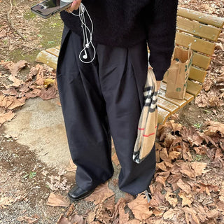 Wide-leg slacks with side pleats