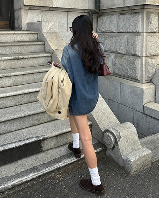 Loose denim shirt and shorts set