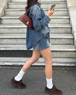 Loose denim shirt and shorts set