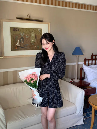 Shoulder padded polka dot wrap dress (2 colors)