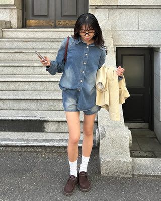 Loose denim shirt and shorts set