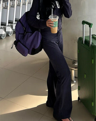 Pile waist wide rib bootcut pants