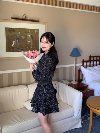 Shoulder padded polka dot wrap dress (2 colors)