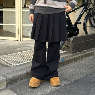Pleated skirt, elastic waist pants