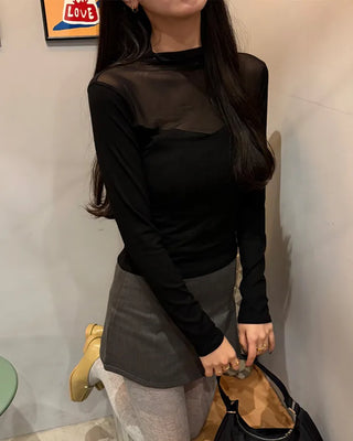 V-neck see-through bicolor T-shirt