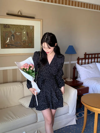 Shoulder padded polka dot wrap dress (2 colors)