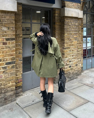 Stand Collar Zip Fly Flare Half Trench Coat