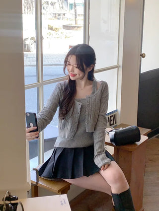 [2pcs] Knit Sleeveless Cardigan Set