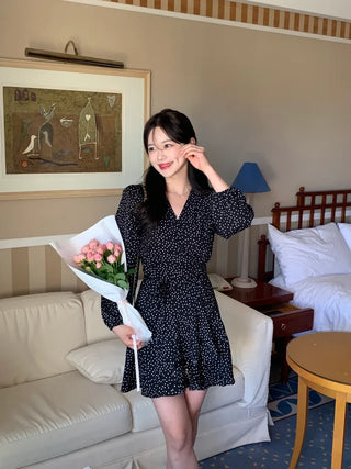 Shoulder padded polka dot wrap dress (2 colors)