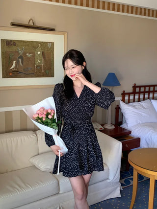 Shoulder padded polka dot wrap dress (2 colors)