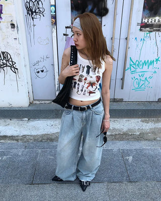 Double-pleated cotton wide-leg pants and belt set