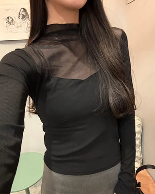 V-neck see-through bicolor T-shirt