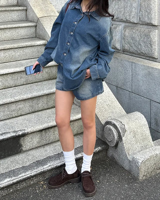 Loose denim shirt and shorts set