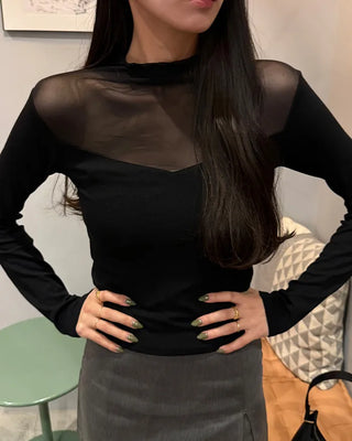 V-neck see-through bicolor T-shirt