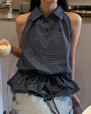 Color check sleeveless blouse