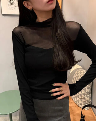 V-neck see-through bicolor T-shirt