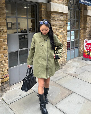 Stand Collar Zip Fly Flare Half Trench Coat