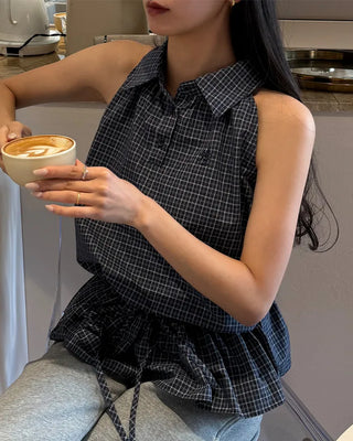 Color check sleeveless blouse