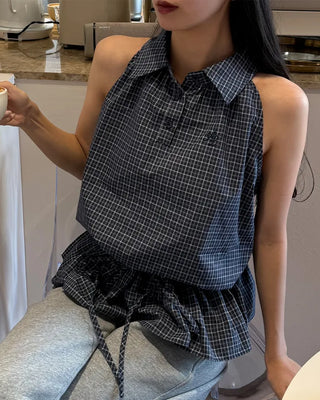 Color check sleeveless blouse