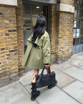 Stand Collar Zip Fly Flare Half Trench Coat