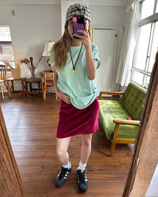 (Unisex) Rib Neck Simple Short Sleeve T-Shirt