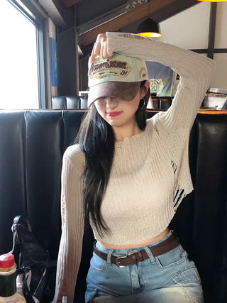 Summer distressed boat neck cropped knit (5 colors)