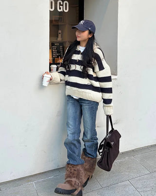 High-gauge knit polo neck wide striped sweater