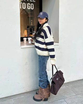 High-gauge knit polo neck wide striped sweater