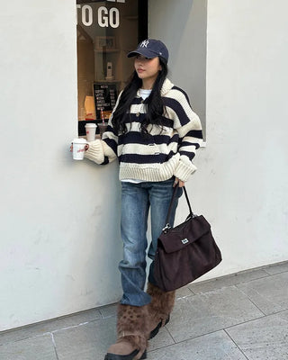 High-gauge knit polo neck wide striped sweater