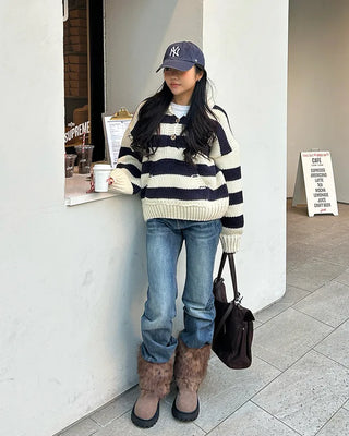 High-gauge knit polo neck wide striped sweater