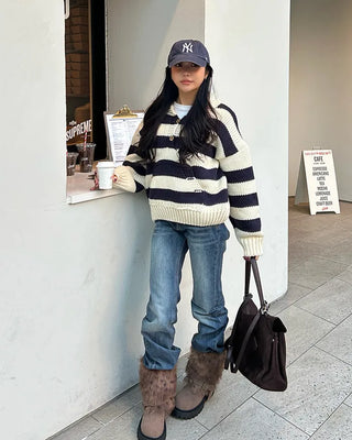 Harness-attached pattern fur suede short boots