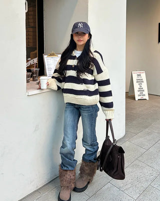 High-gauge knit polo neck wide striped sweater