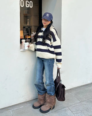 High-gauge knit polo neck wide striped sweater